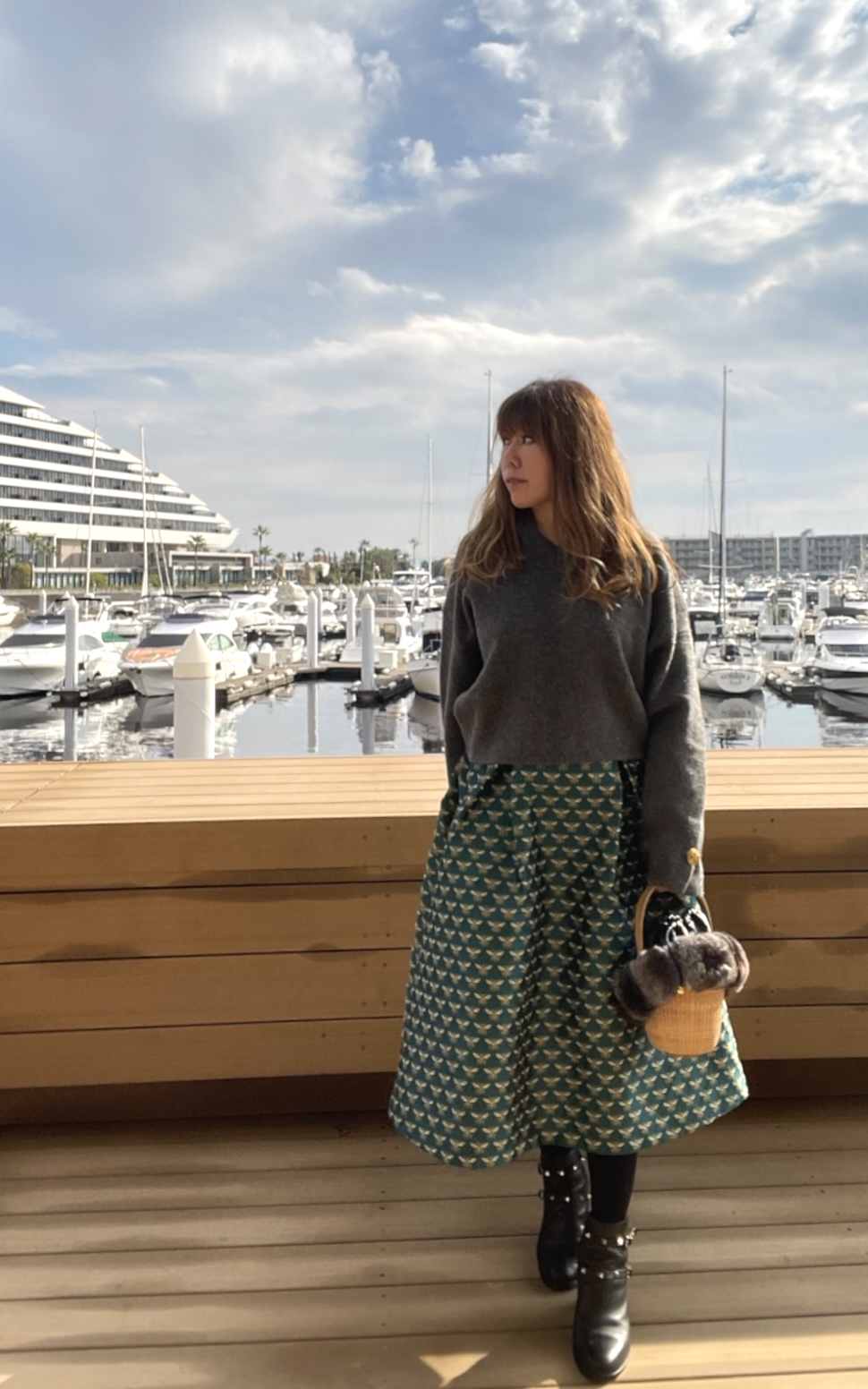 Le Bourgeon　蜜蜂・タックフレアー・スカート（Vert）