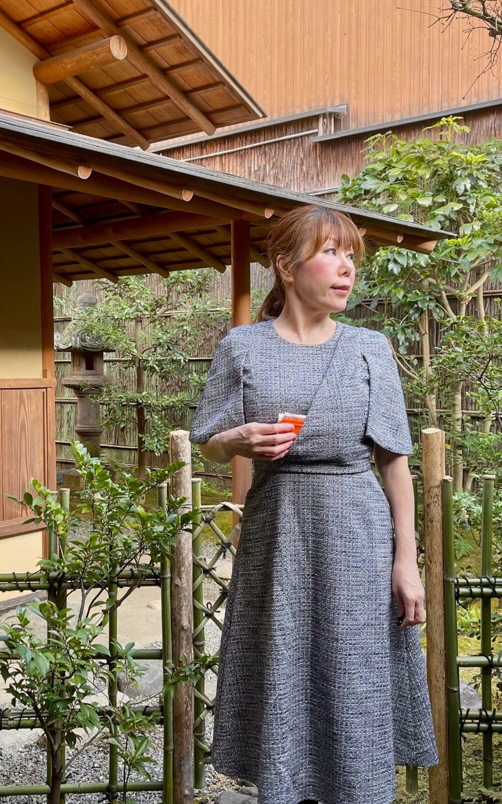 CHAREI-茶麗　サマーツイード・茶道・ケープ袖・ワンピース（メランジネイビー）